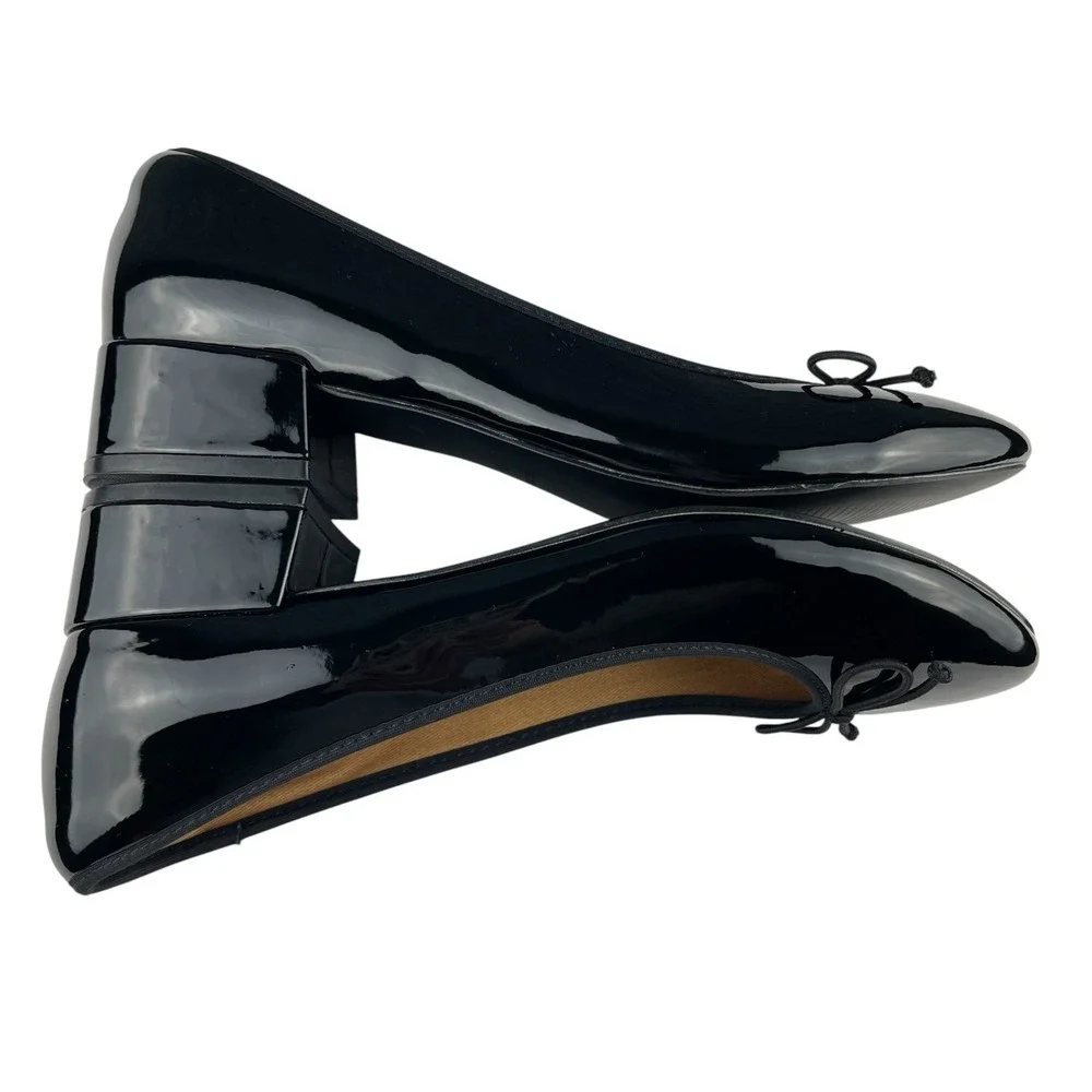 Jenn Ardor Women's Ballet Pumps Size 9.5 Black Patent Bow Slip On Low Block Heel